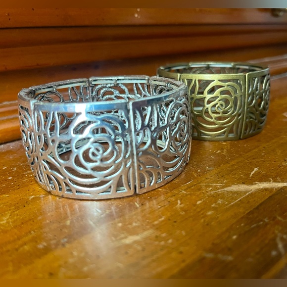 Silver & Brass Rose Cutout Stretchy Bracelet Set! 2 Bracelets, 1 Price! - Picture 3 of 4